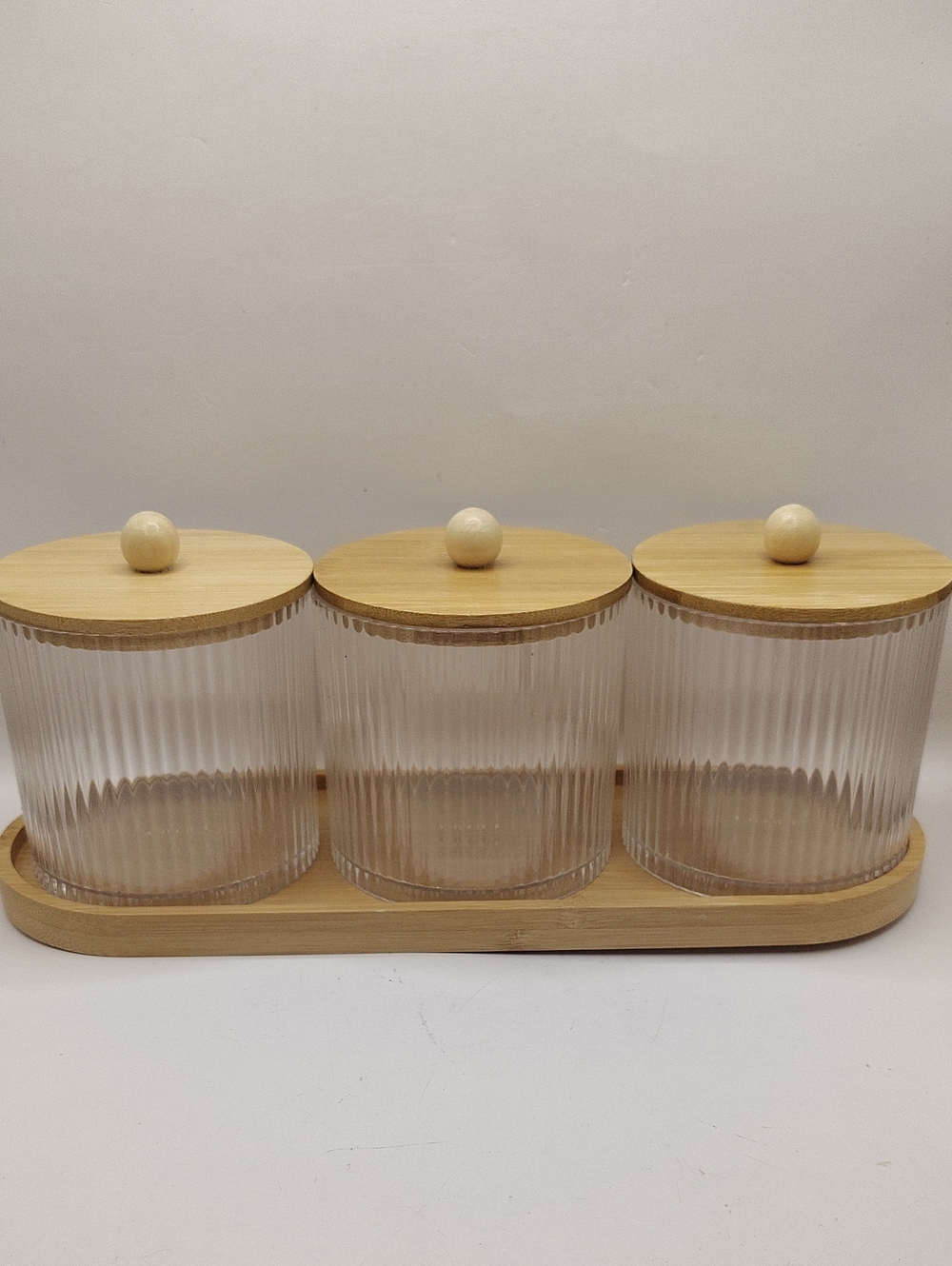 Ribbed Bathroom Canisters Apothecary Jars with Wood Color Bamboo Lids 7 Piece